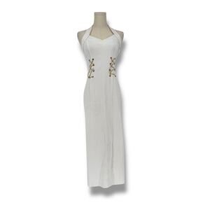 1990s Vintage CAPACITY UNLIMITED Nautical White Twill Halter Midi Dress Size L
